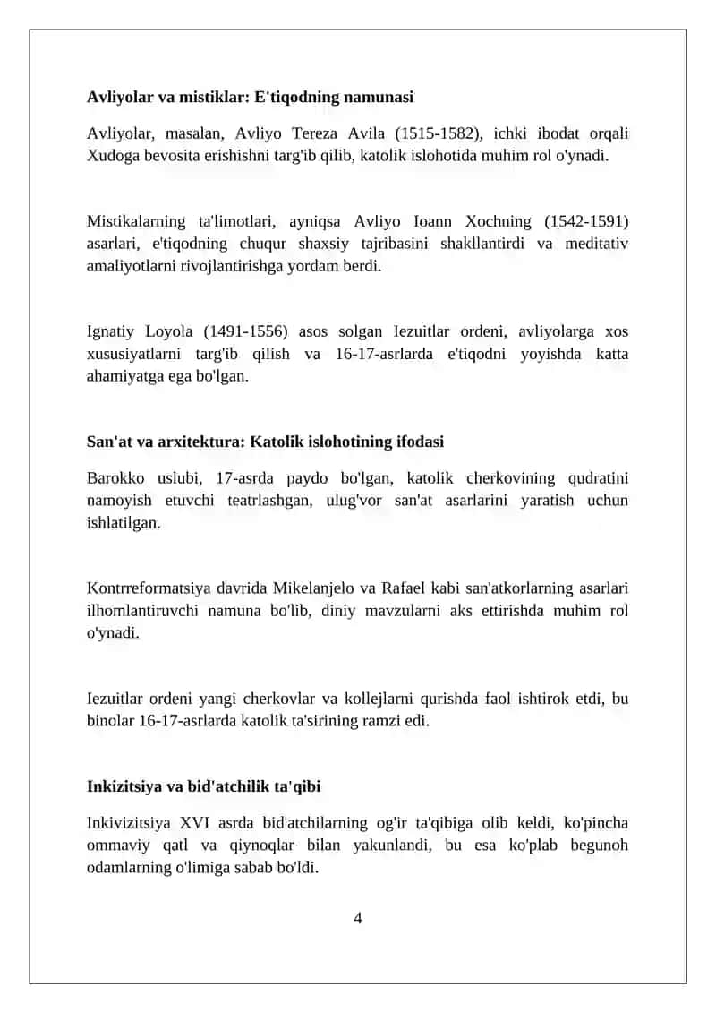 XVI – XVII asrlarda Katolik cherkovi. Vertuval matin 4