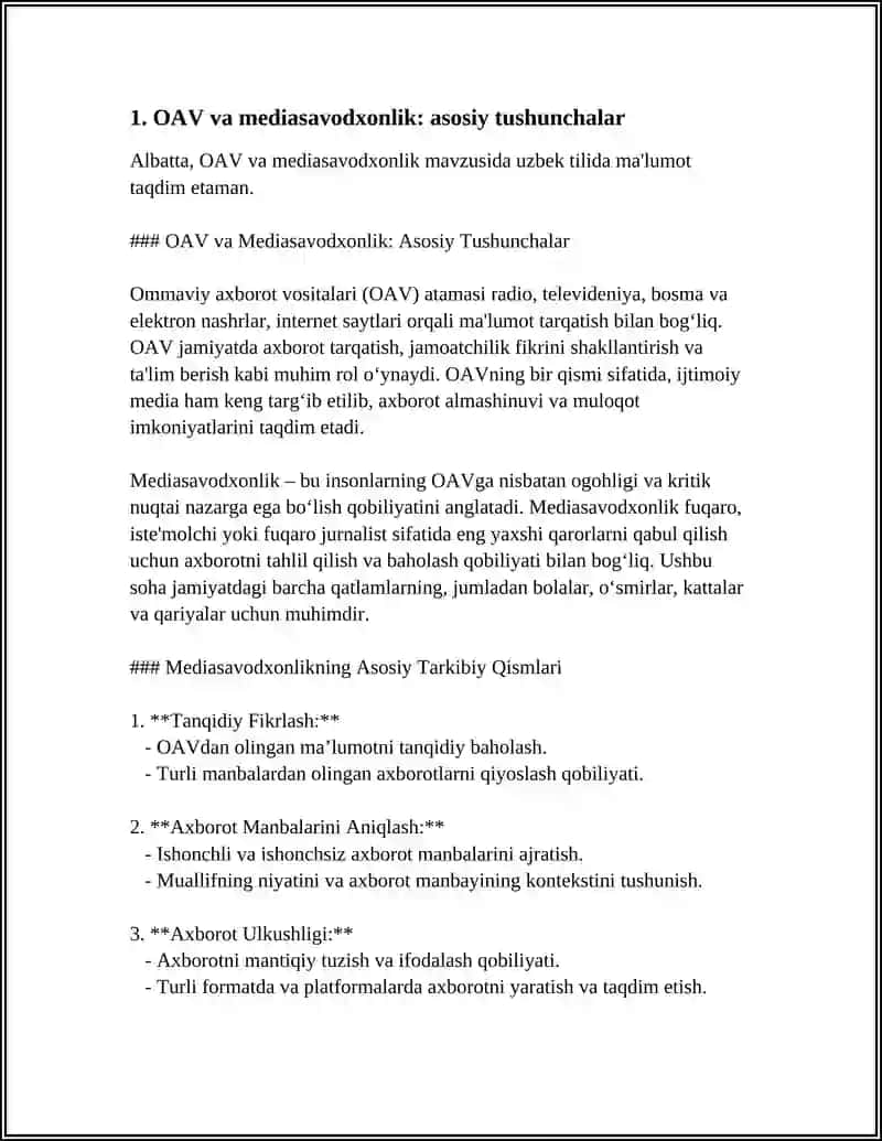 OAV va Mediasavodxonlik: Asosiy Tushunchalar 4