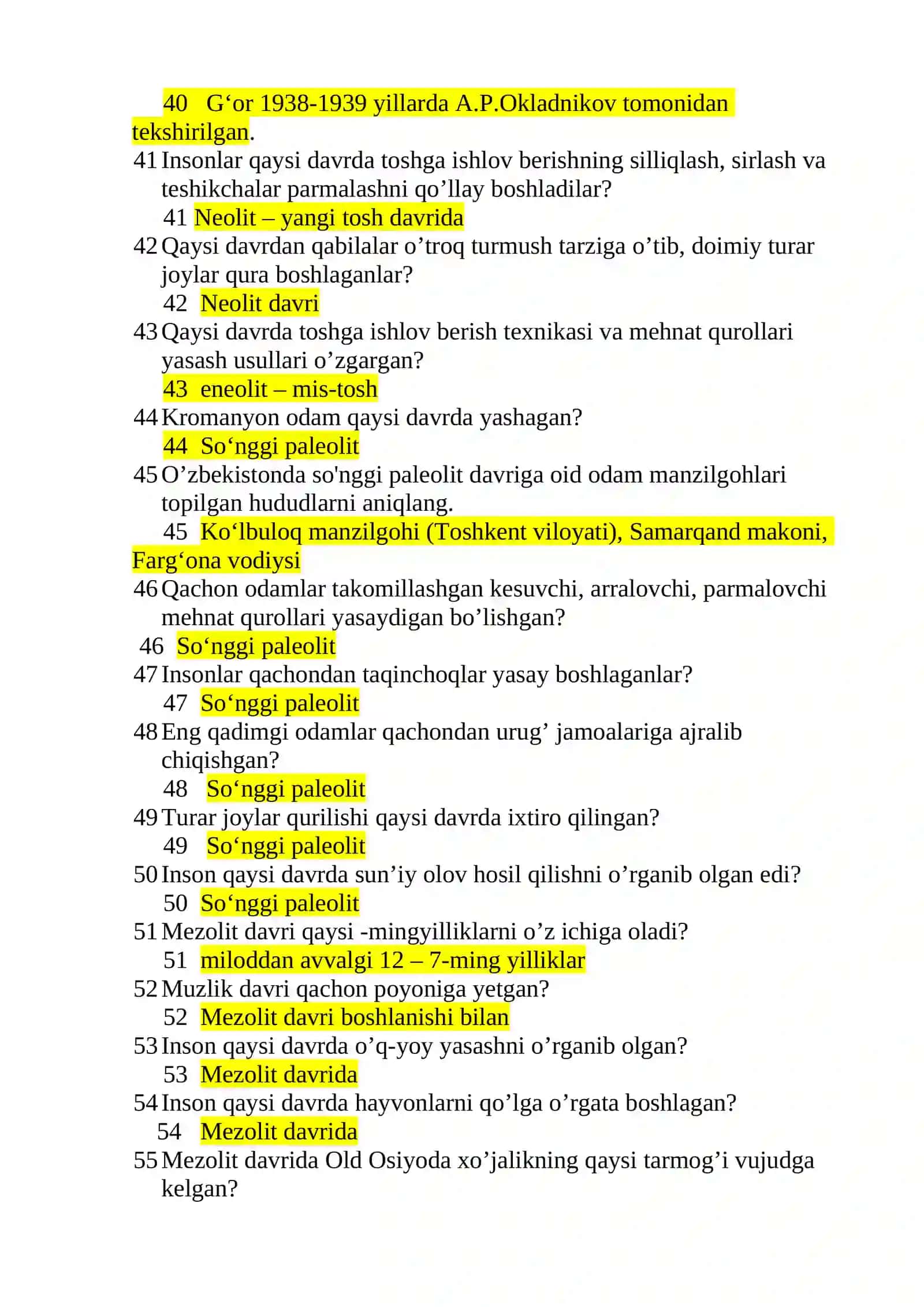 ARXEOLOGIYA FANIDAN TEST SAVOLLARI 4
