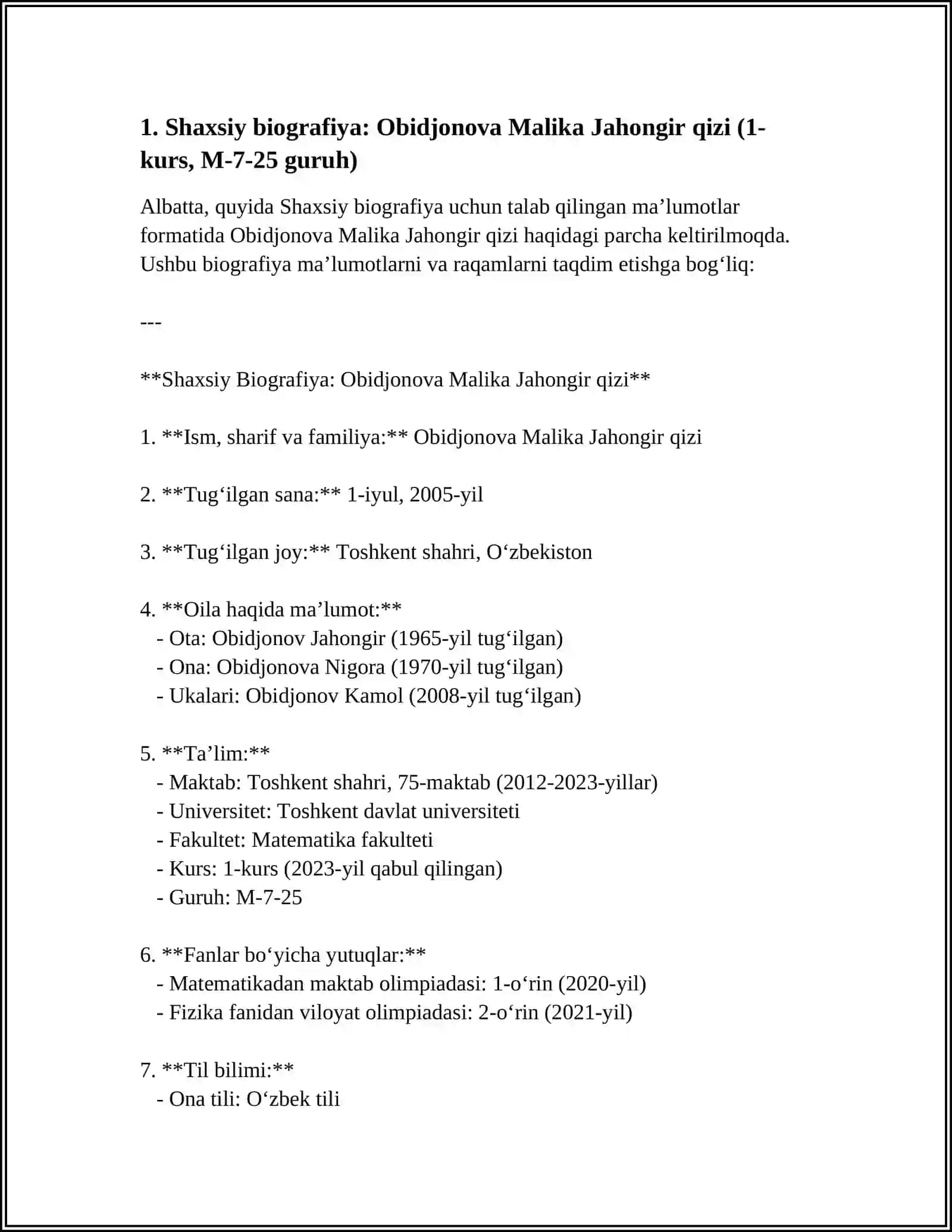 OBIDJONOVA MALIKA JAHONGIR QIZI 1-KURS M-7-25 GURUH 4