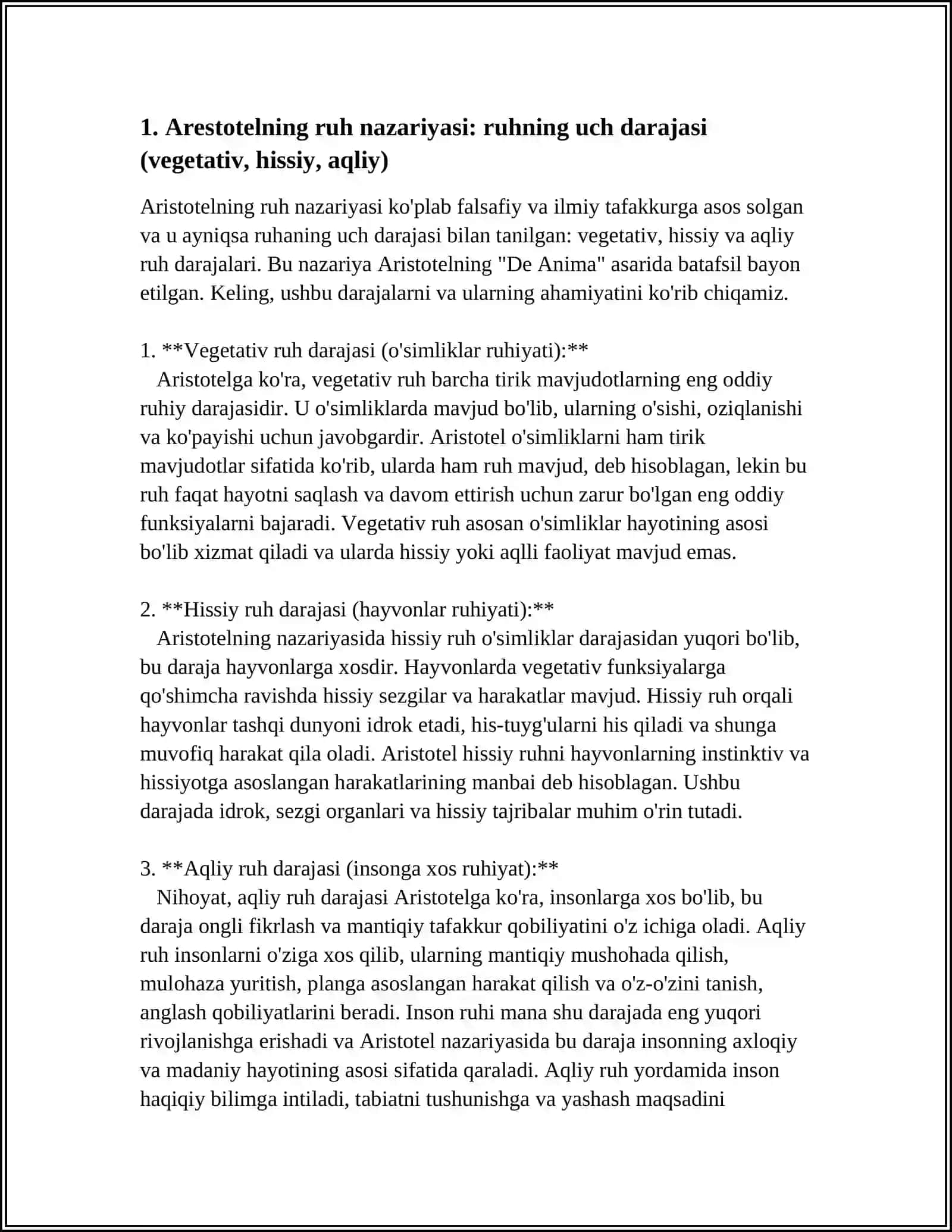 ARESTOTEL FALSAFASI: RUHNING 3 DARAJASI 4