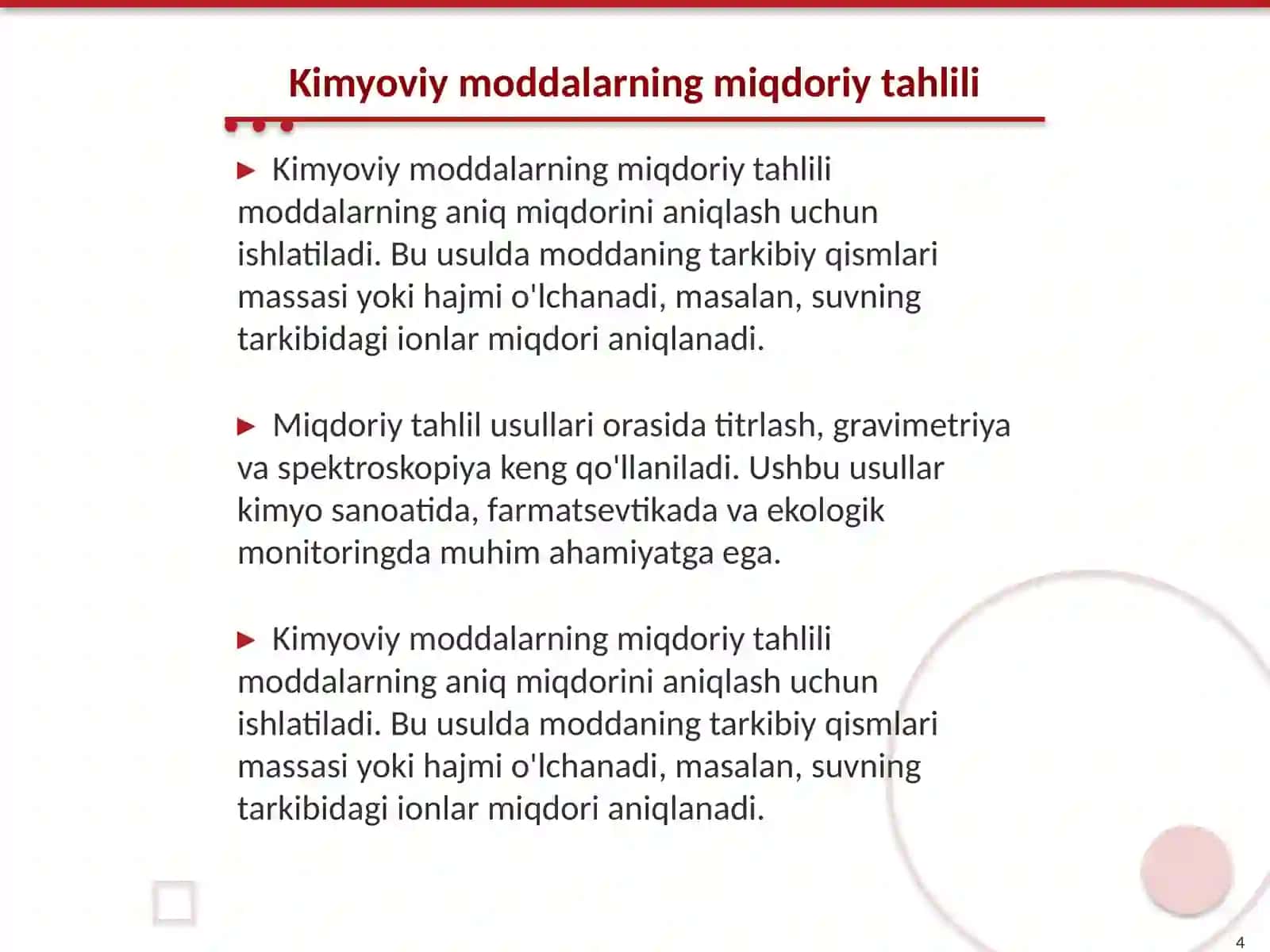 Miqdoriy analiz usullari Kimyo fani 4