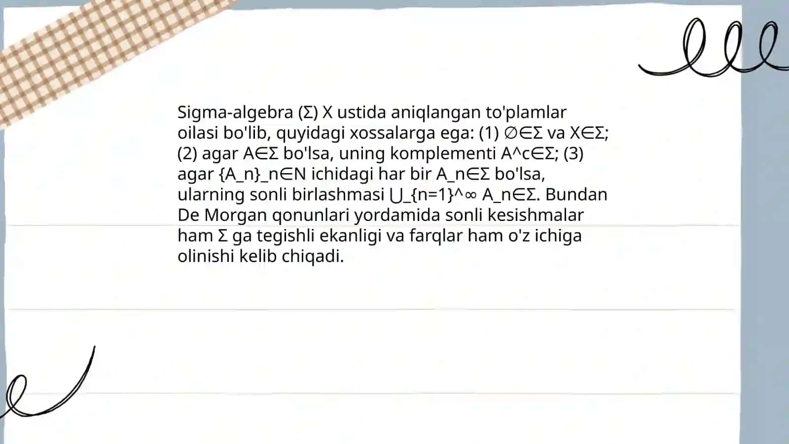 Lebeg maʼnosida oʻlchovli toʻplamlarning xossalari 4