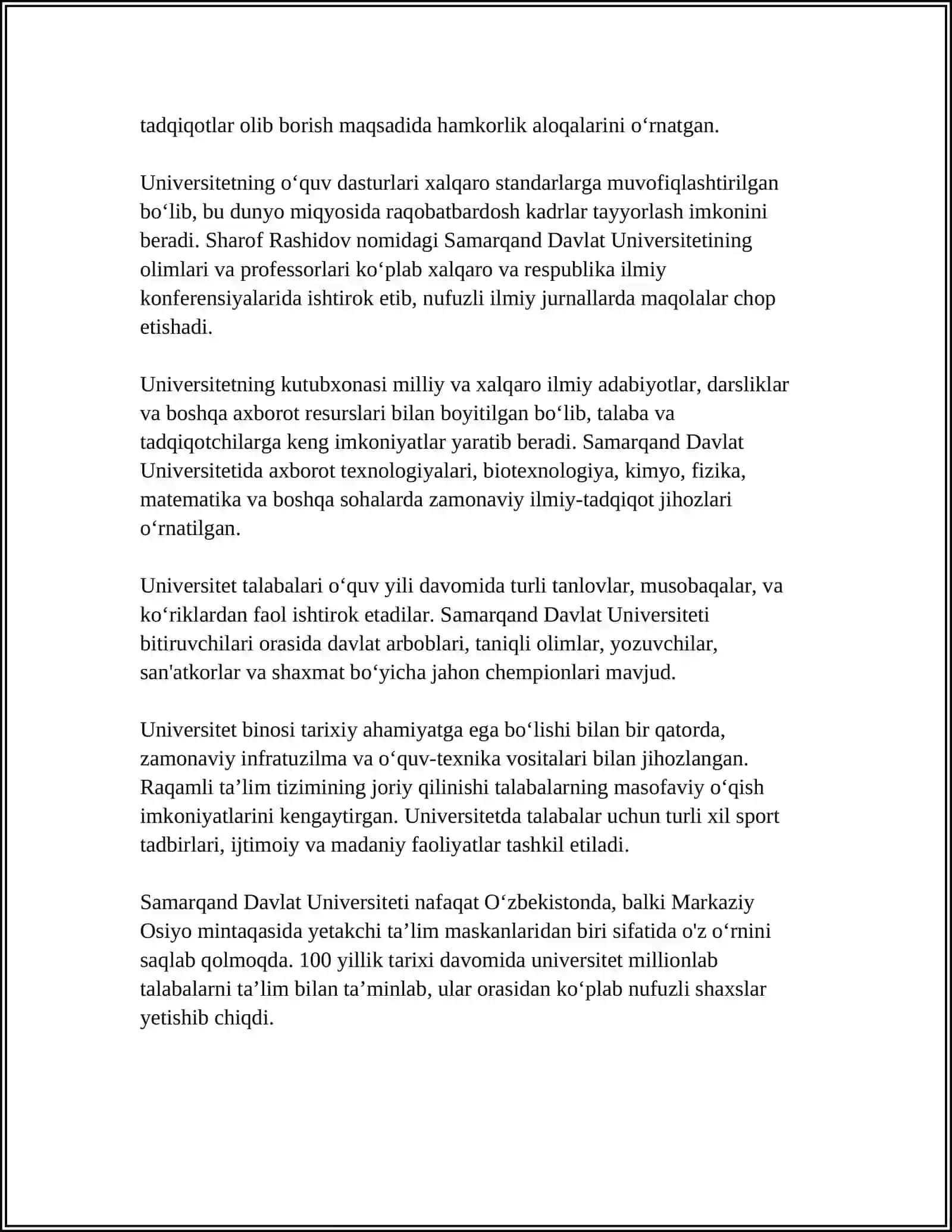 SHAROF RASHIDOV NOMIDAGI SAMARQAND DAVLAT UNIVERSITETI MUSTAQIL ISH 4
