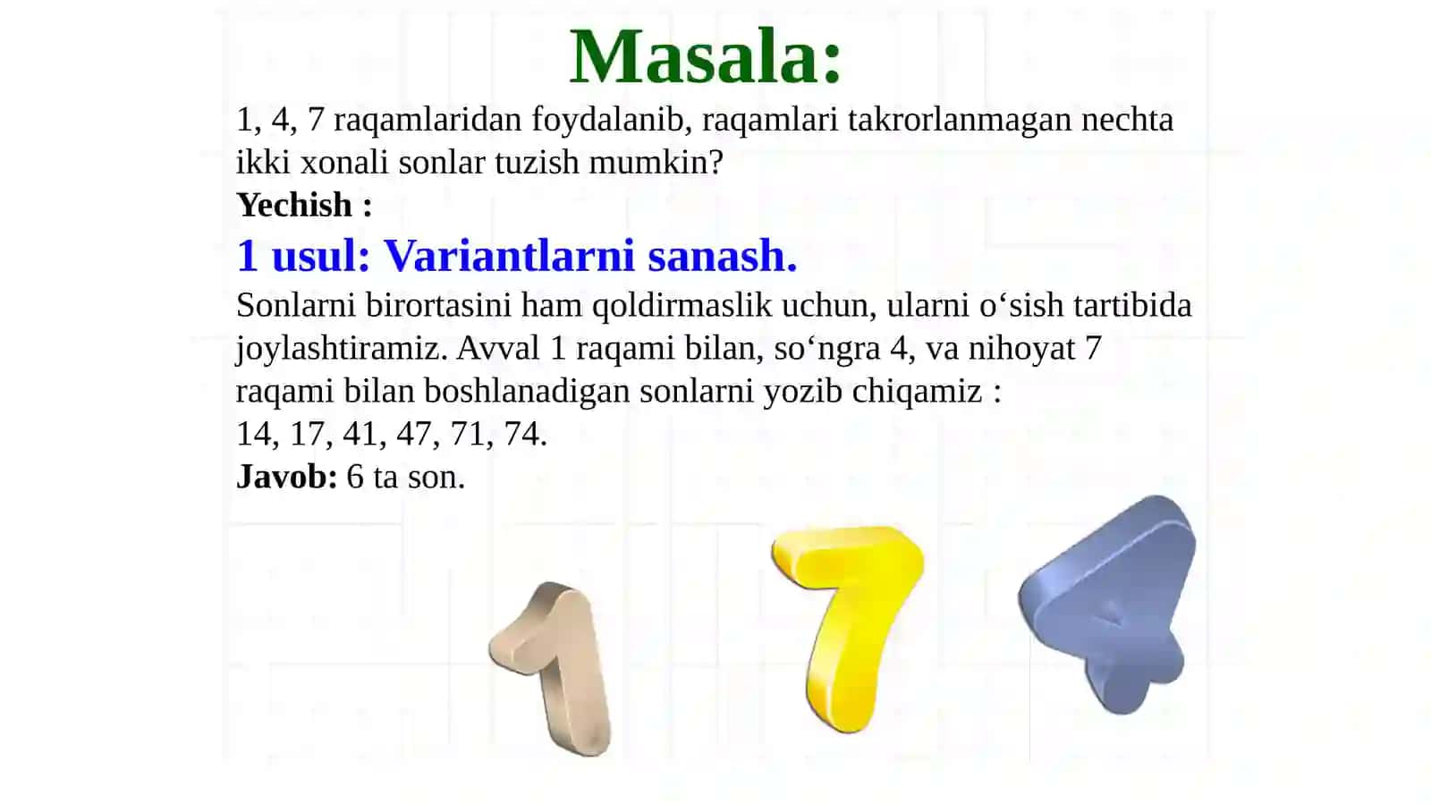 Tanlash usuli bilan kombinatorika masalalarini yechish (8-sinf) 4