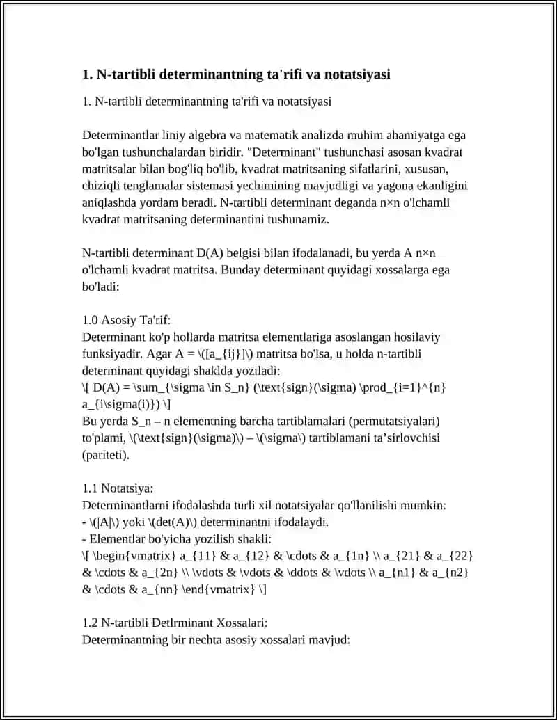 N-TARTIBLI DETERMINANT TA'RIFI VA ASOSIY XOSSALARI 4