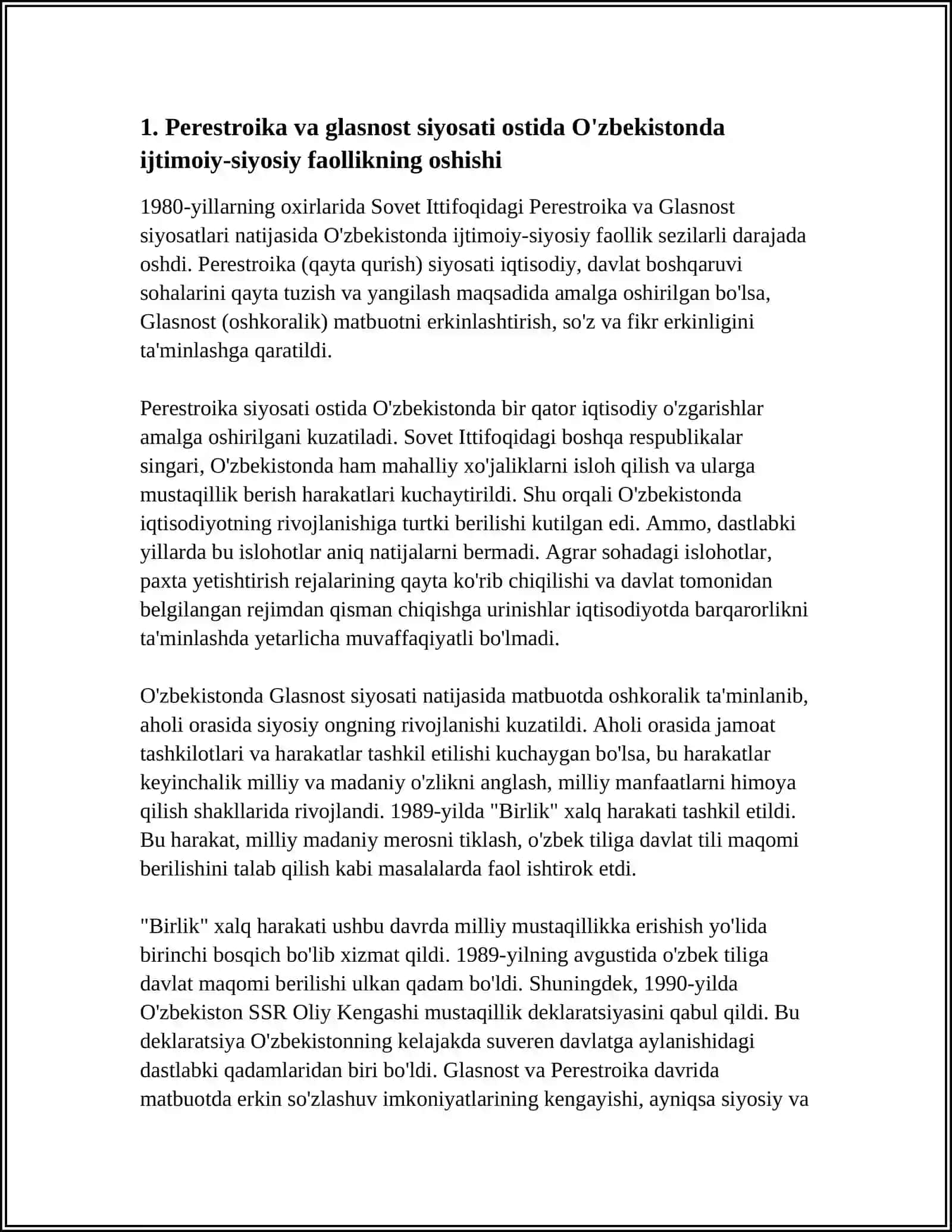 MUSTAQILLIKKA ERISHISH ARAFASIDA O'ZBEKISTONDAGI IJTIMOIY SIYOSIY JARAYONLAR 4