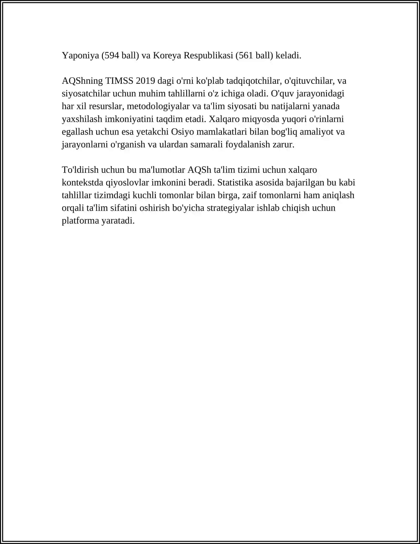 TIMSS 2019-YILDA AQSH NI TUTGAN OʻRNI 4