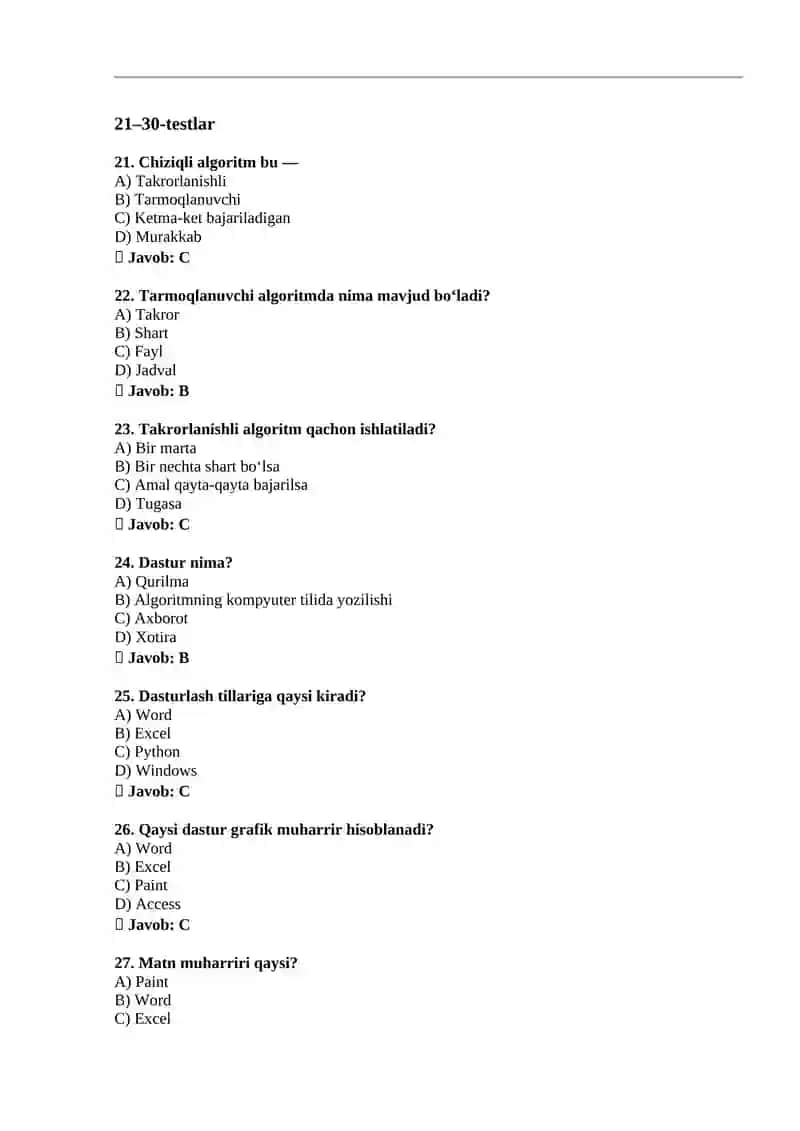 Informatika fanidan atestatsiya test savollari (70 ta) 4