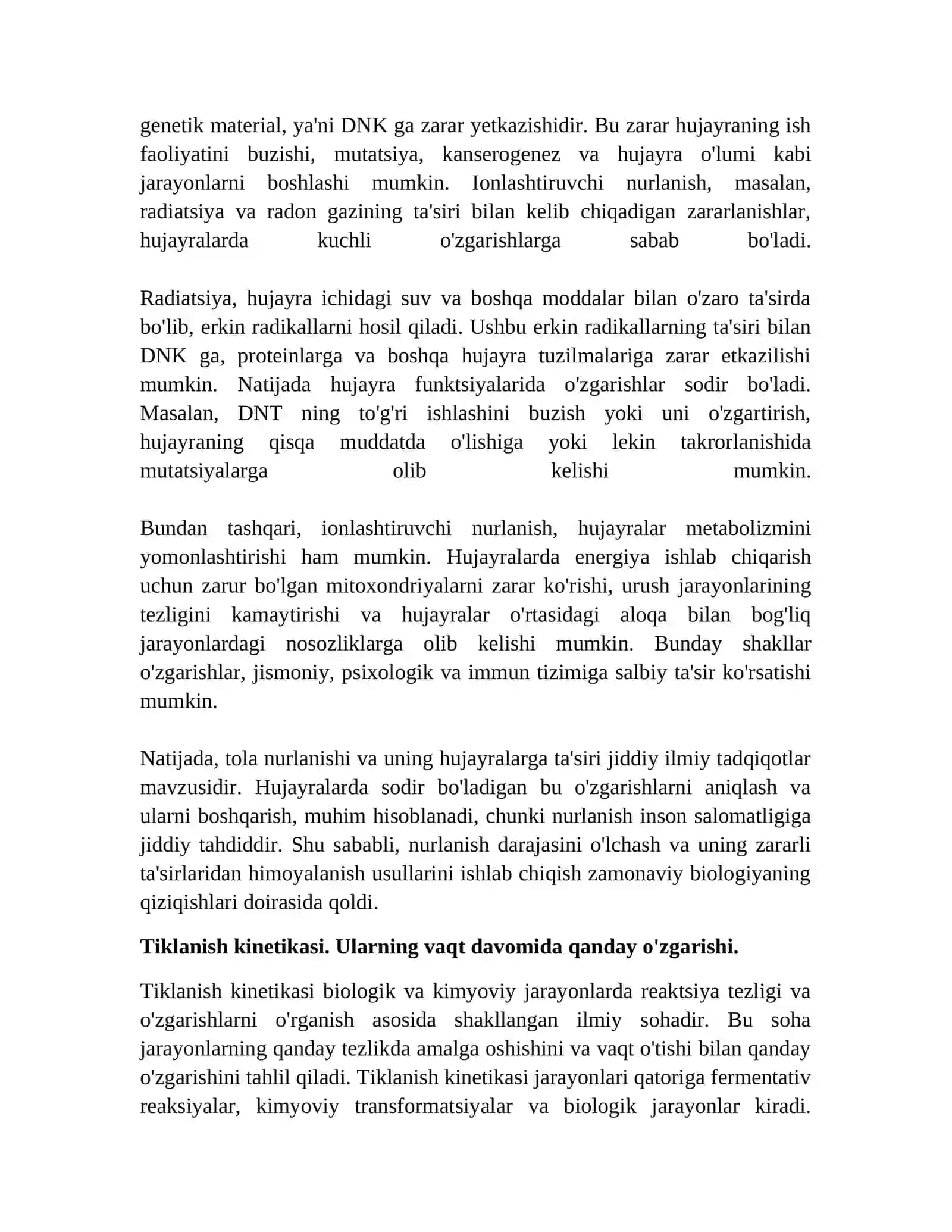 Organizmning tola nurlanishdan keyingi tiklanish kinetikasi. Tiklanishning hujayraviy organ va organizm sistemasi 4