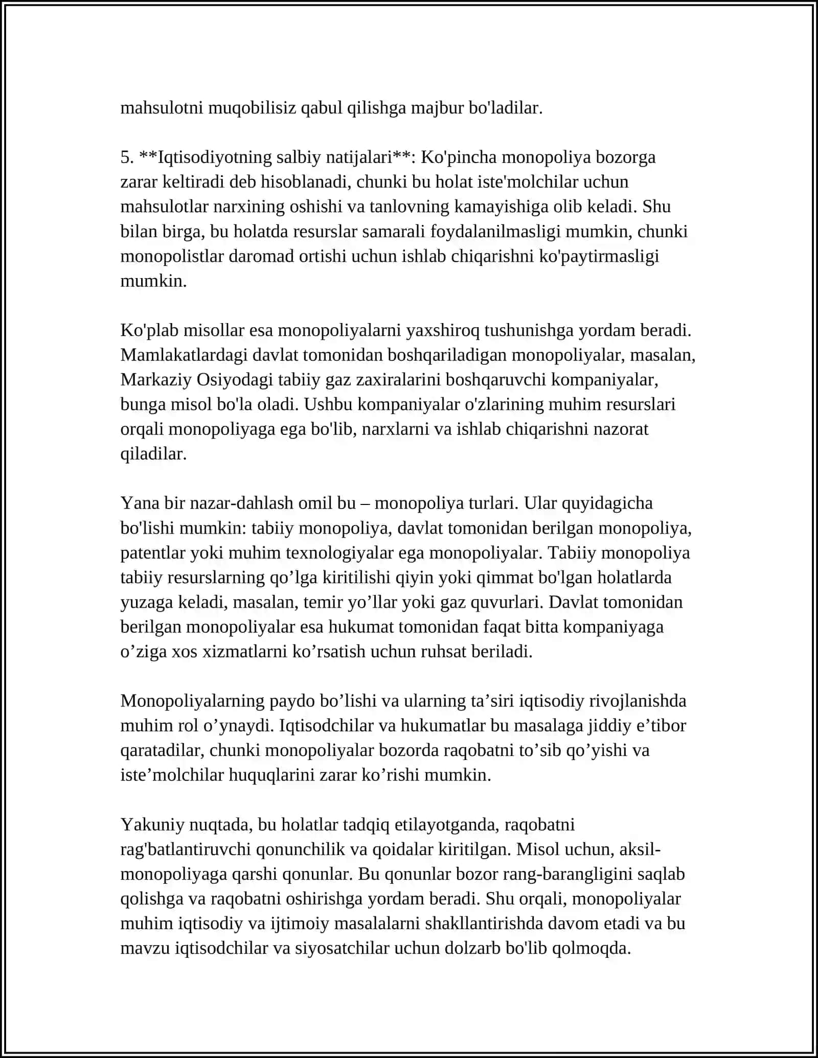 MUSTAQIL ISH: MONOPOLIYA 4
