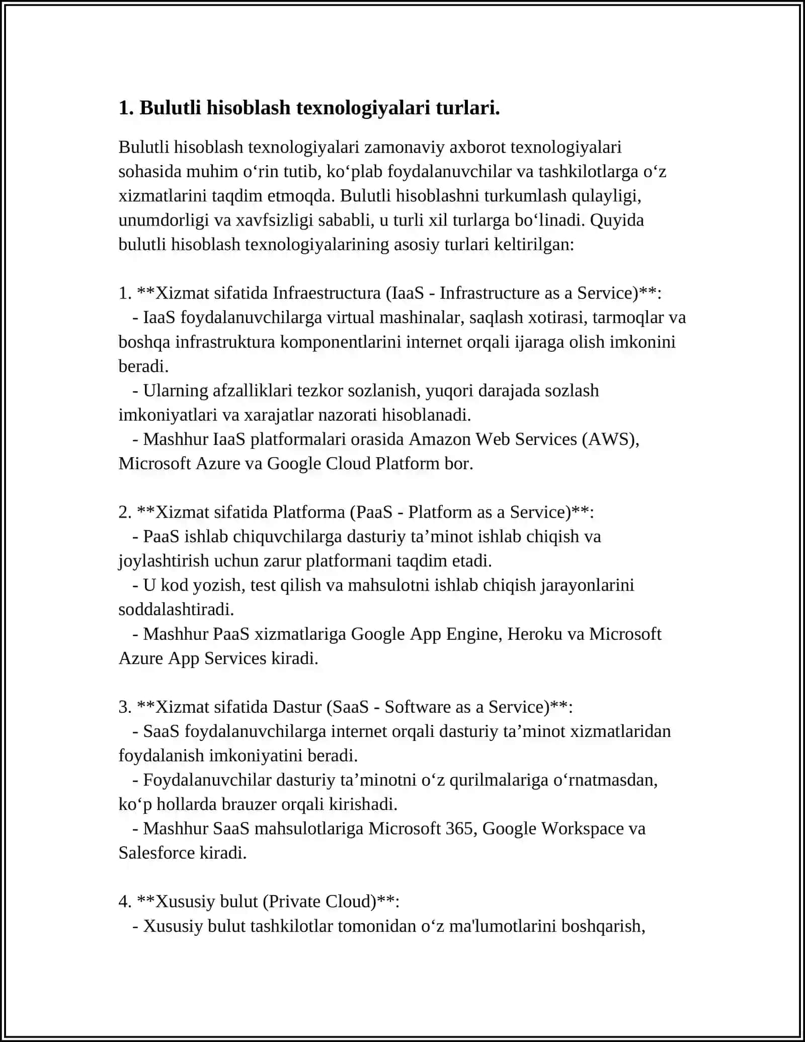 BULUTLI YECHIMLAR (SAAS) VA BULUTLI INFRATUZILMASI(IAAS).RAQAMLI PLATFORMALAR (PAAS) 4