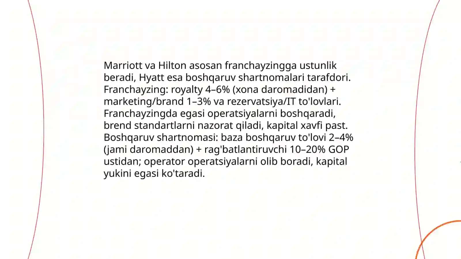 Xalqaro mehmonxona tarmoqlari (Marriott, Hilton, Hyatt) misolida boshqaruv modellarini qiyosiy tahlil qilish 4