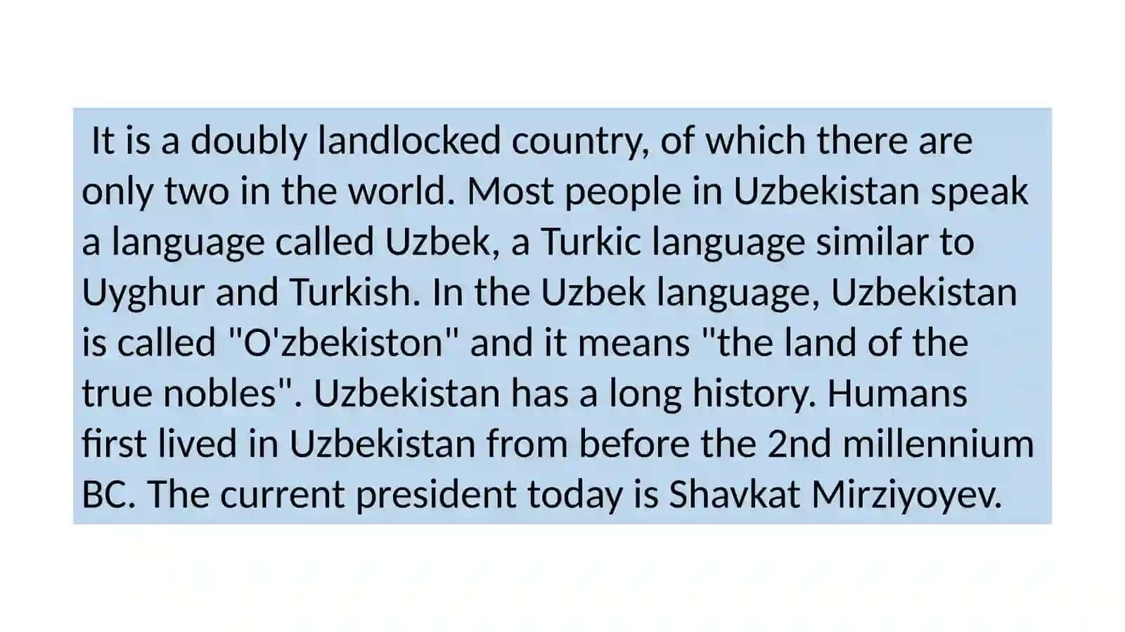 Topic "Uzbekiston country" from the subject "English language" 4
