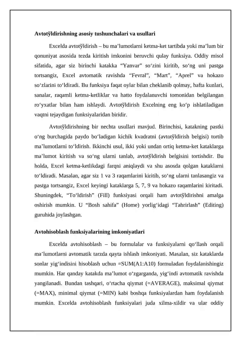 Excel dasturida avtoto’ldirishlar va avtohisoblashlar. Diagrammalar yaratish. 4