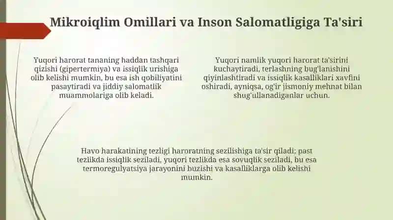 Mikroiqlim va Gigiyenik Me'yorlar 4