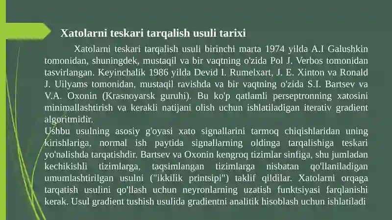Xatolarni teskari tarqalish usuli. Neyro toʻrli klasterlash usullari. 4