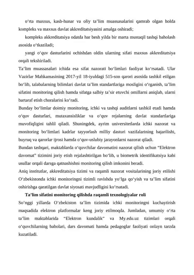 OʻZBEKISTON TAʼLIM TIZIMIDA ICHKI MONITORING AMALIYOTI 4
