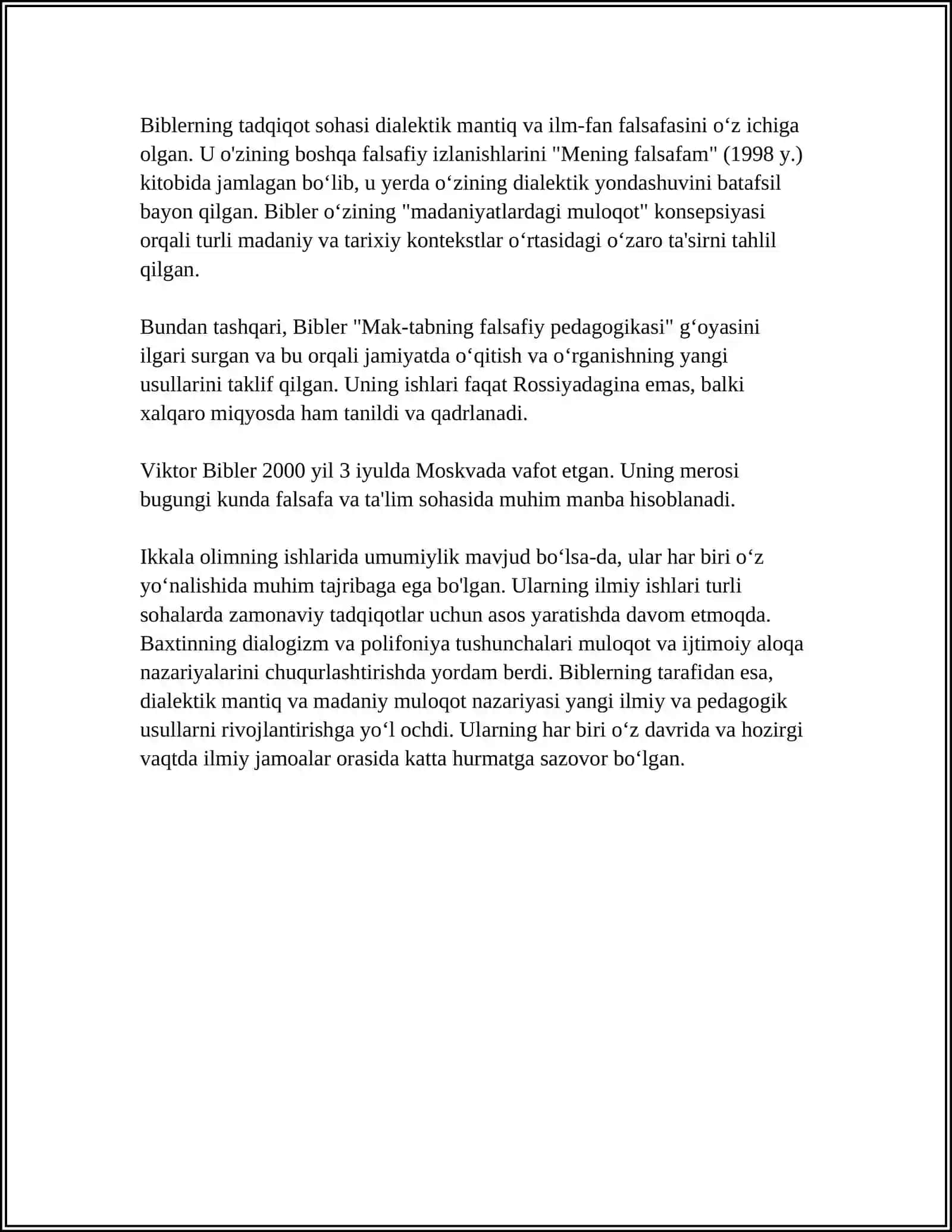 M.M. BAXTIN- V.S. BIBLERNING "MADANIYATLAR DIALOGI " NAZARIYASINING MOHIYATI 4