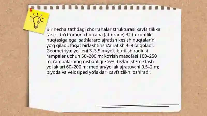 Avtomobil yoʻllaridagi bir va bir necha sathdagi chorrahalarda harakat xavfsizligini baholash 4