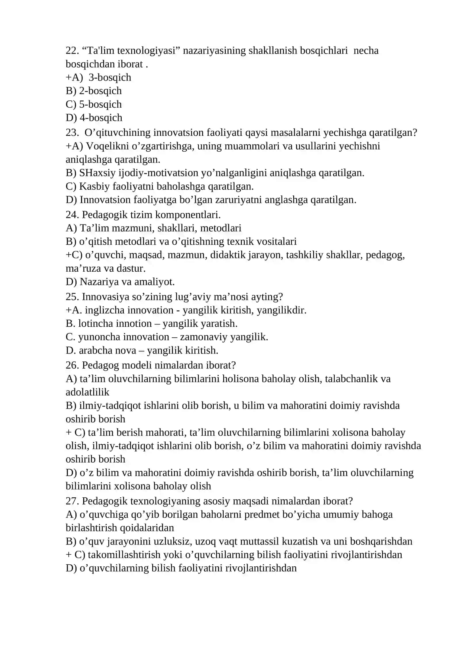 400 ta test savoli. Pedagogik mahorat bo'yicha tushgan savollar 4
