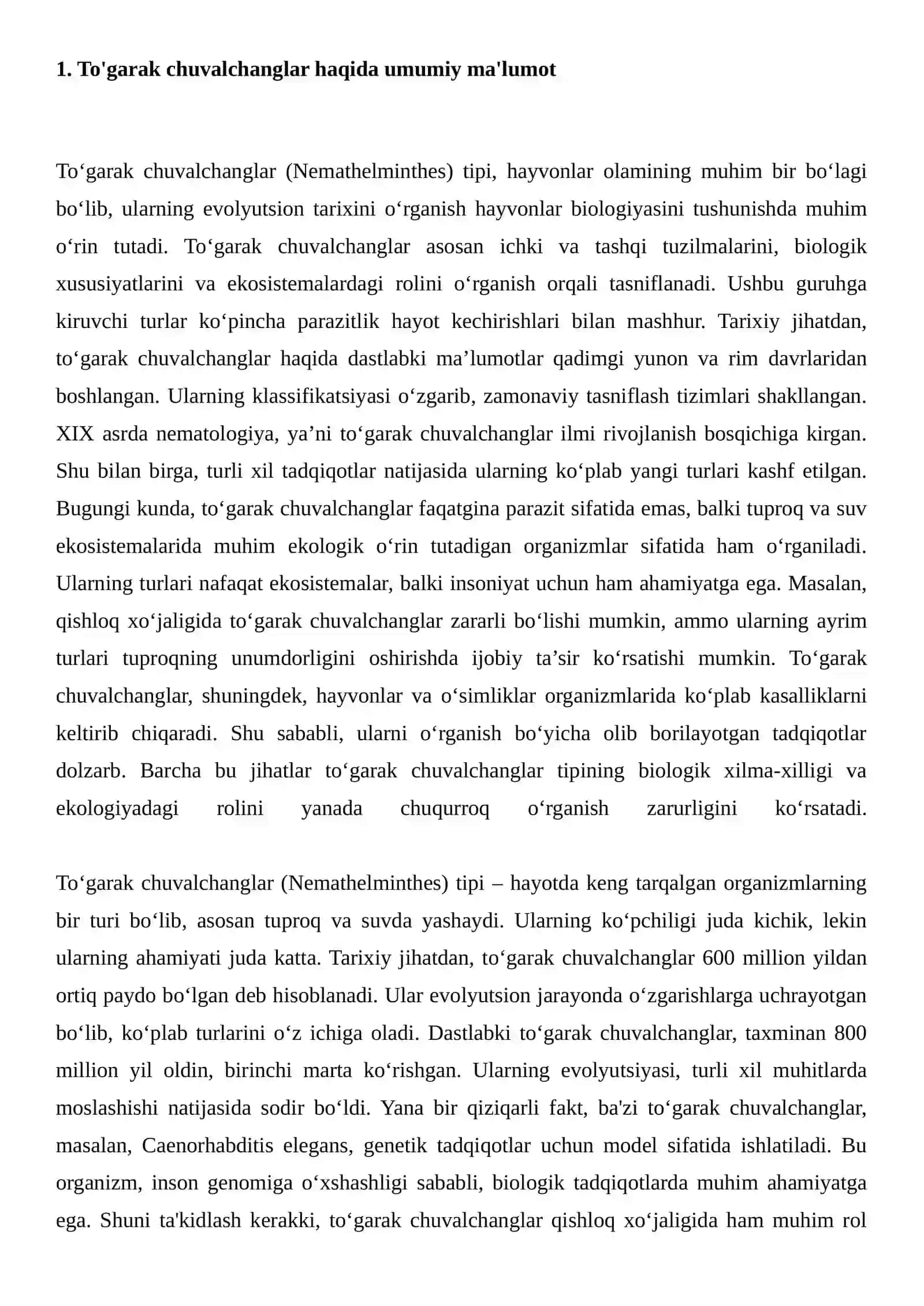 To‘garak chuvalchanglar (Nemathelminthes) tipiREJA 4