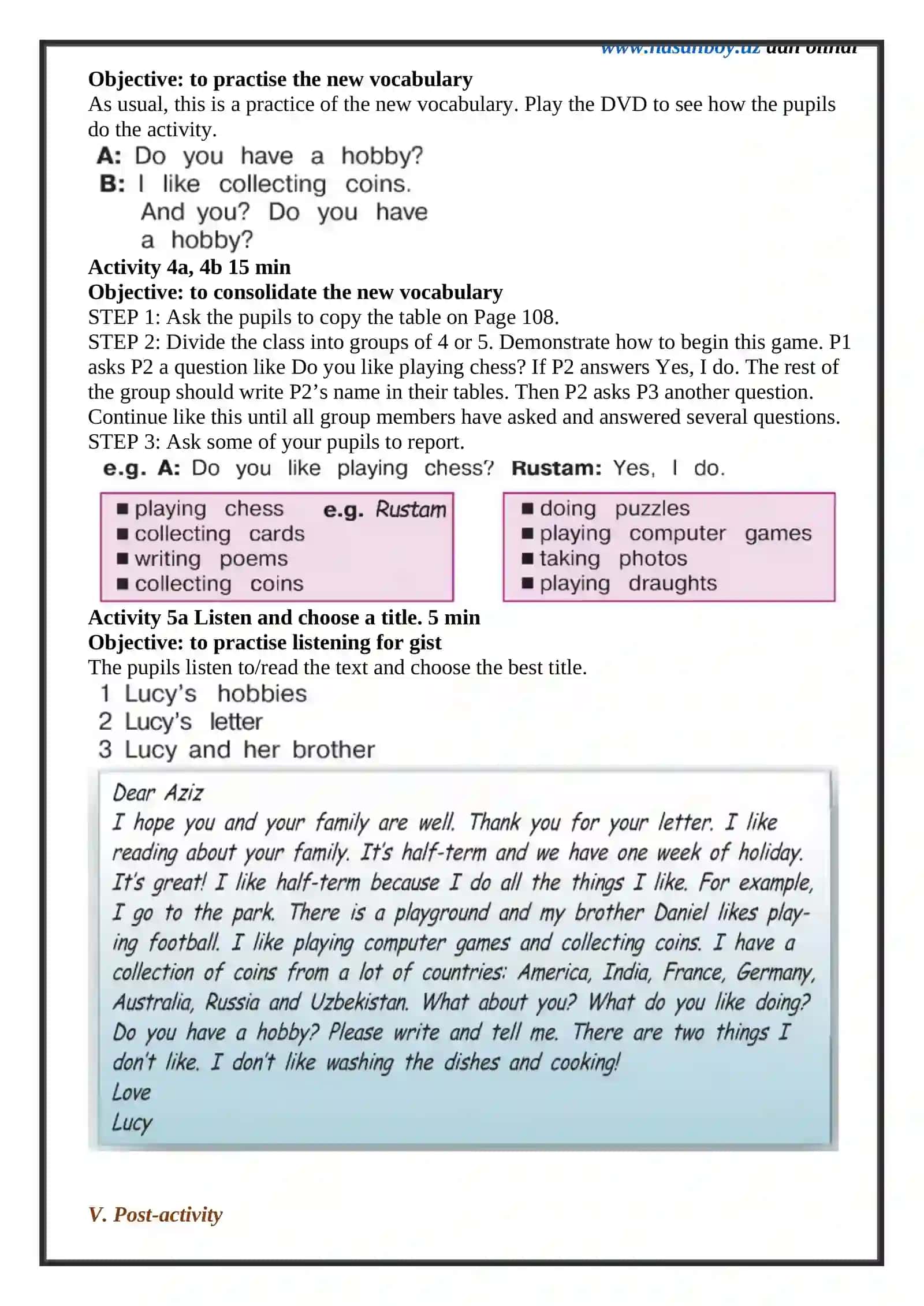 Ingliz tili fani o'qituvchisi 5-sinflar uchun Unit 8. Lesson 2 Do you have a hobby? mavzusida 1 soatlik Dars ishlanmasi 4