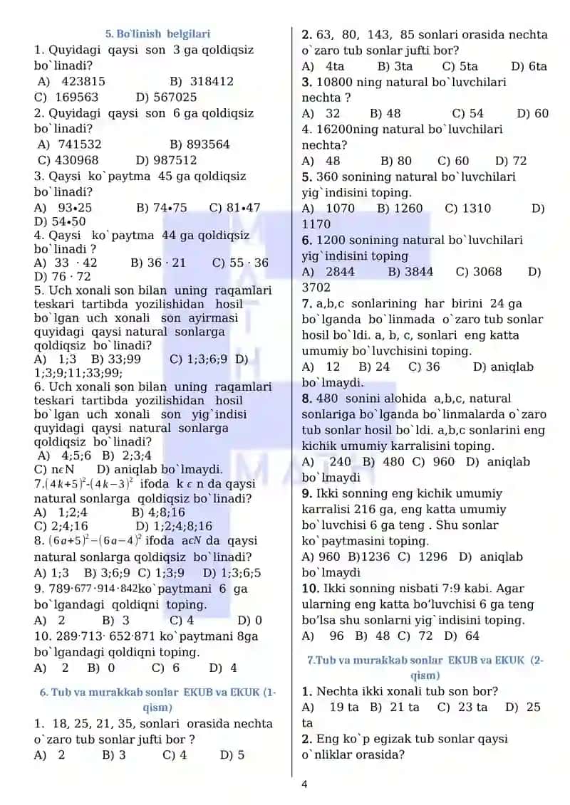 Matematikadan yangi taxiridagi testlar to'plami 4