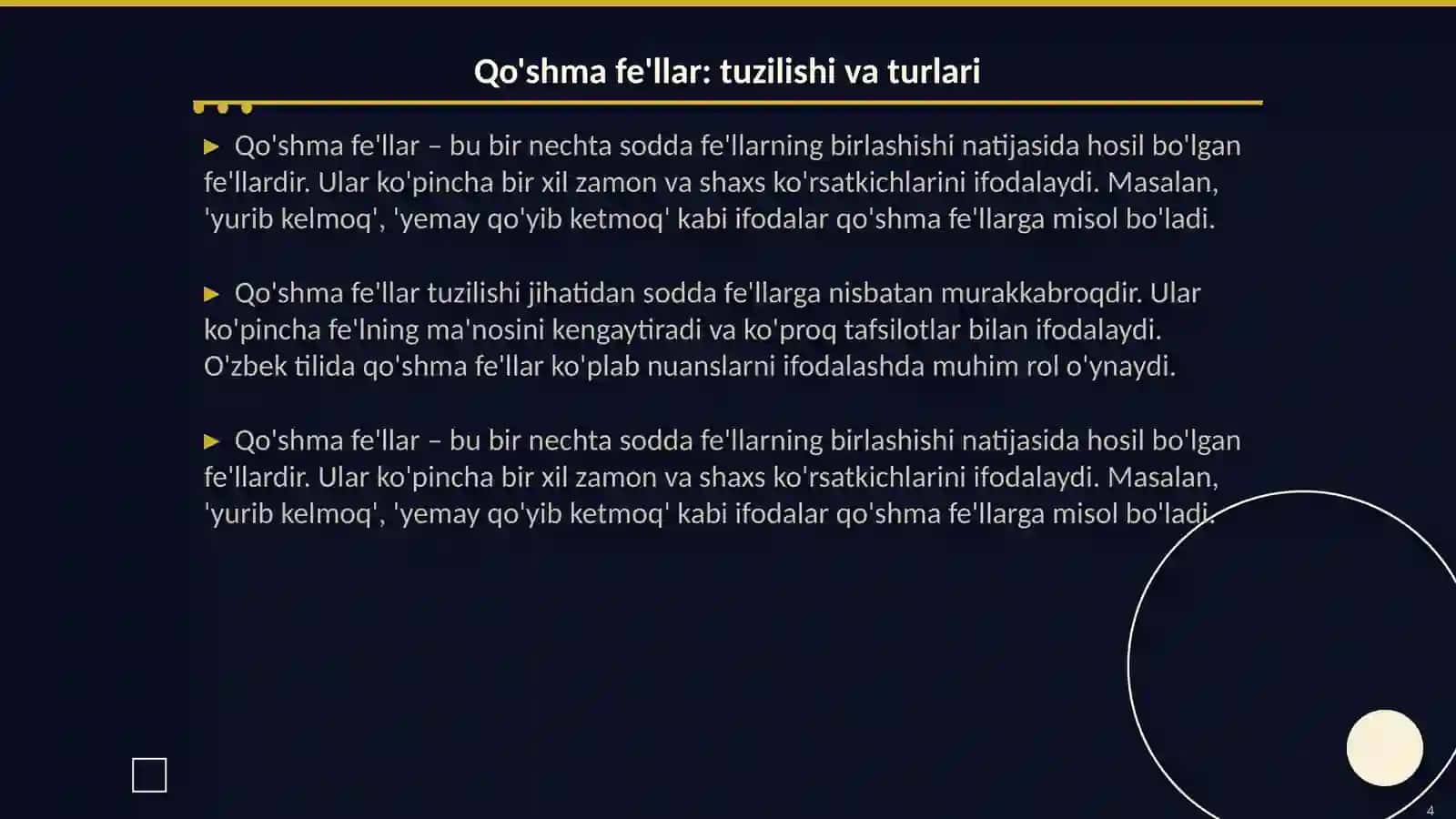 Fe'lning tuzilish jihatdan turlari:sodda va qo'shma fe'llar. Juft fe'llarning o'ziga xos xususiyatlari. Fe'lning modal ma'no ifodalovchi shakllari. Ko'makchi fe'llar 4
