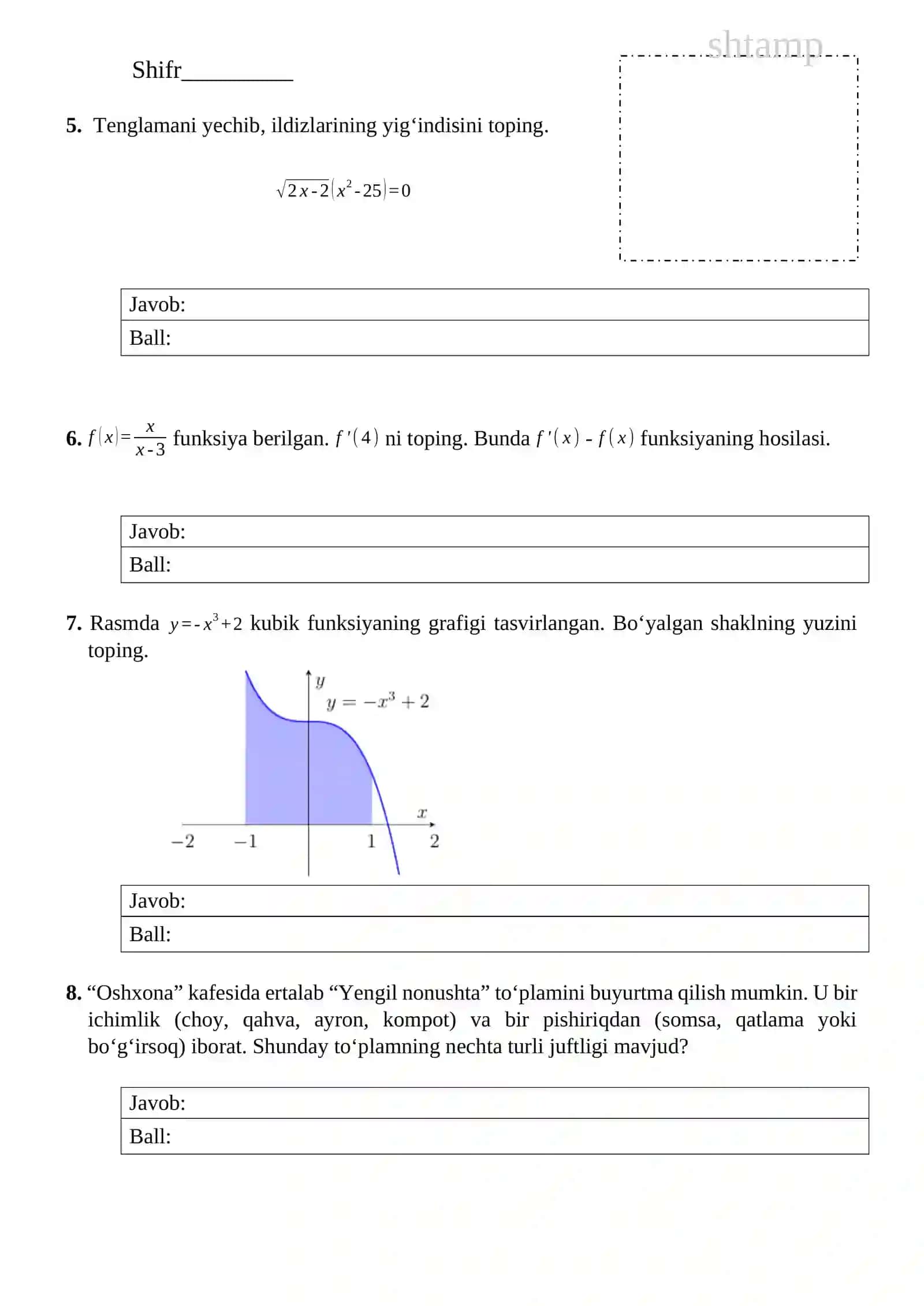 11 sinf MATEMATIKA attestatsiya asosiy 1 - variant o'zbek 4
