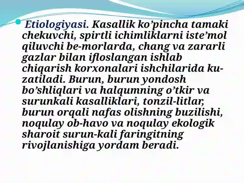 SURUNKALI FARINGIT(pharyngitischronica) -halqumshilliqpardasiningsurunkaliyallig’lanishibo’lib,odatdao’tkirfaringitniеtarlidarajadavolamaslikvabartarafetilmaganetiologikomillarta’sirinatijasidarivojlanadi 4