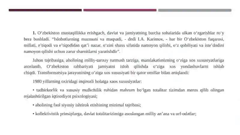 O`zbekistonning o`ziga xos istiqlol va taraqqiyot yo`li 4