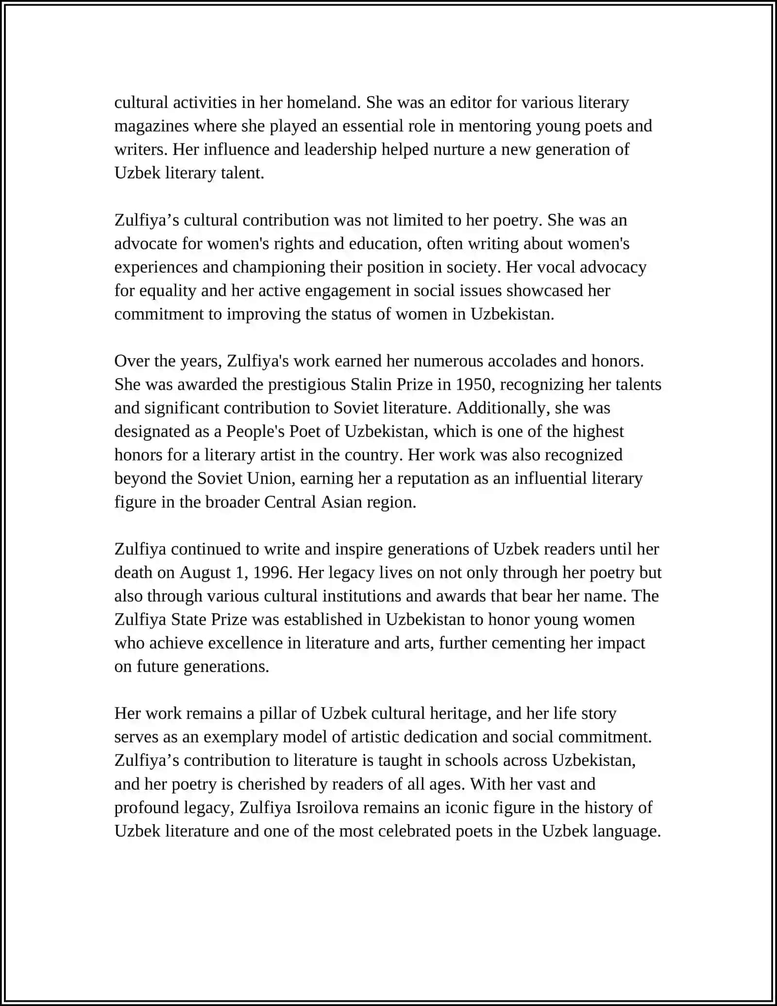 Zulfiya Isroilova's Biography Study 4