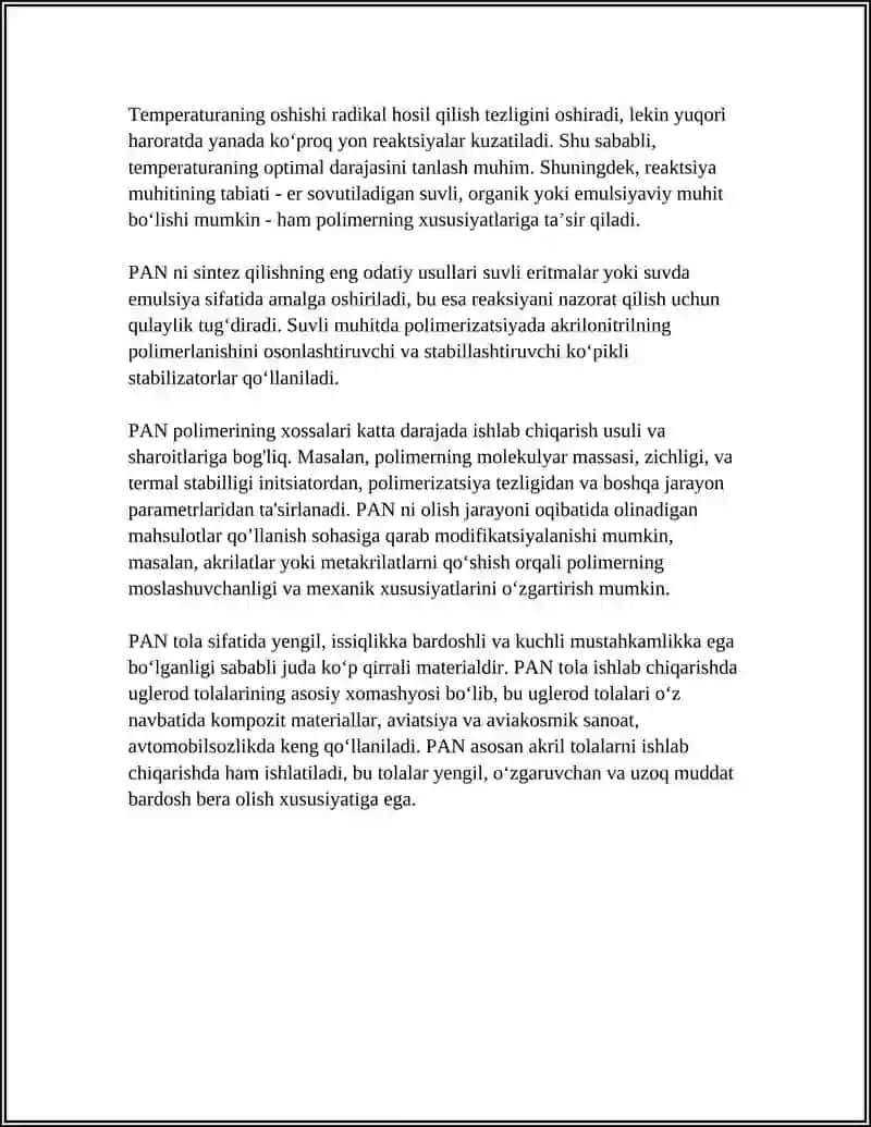AKRILONITRIL ASOSIDA POLIMERLARNI OLISH JARAYONLARI 4
