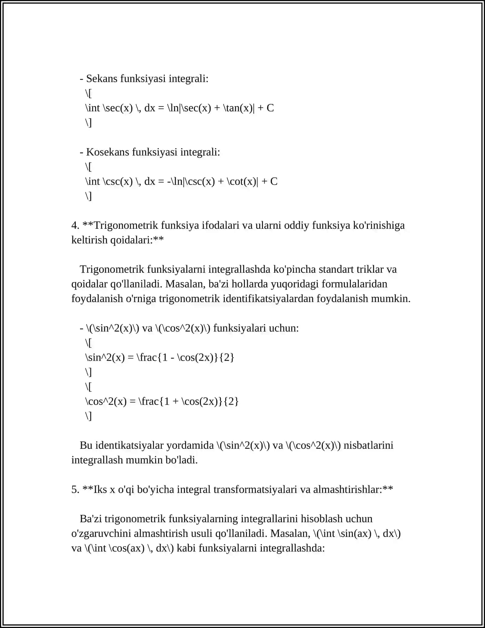 TRIGONOMETRIK FUNKSIYALARNI INTEGRALLASH 4