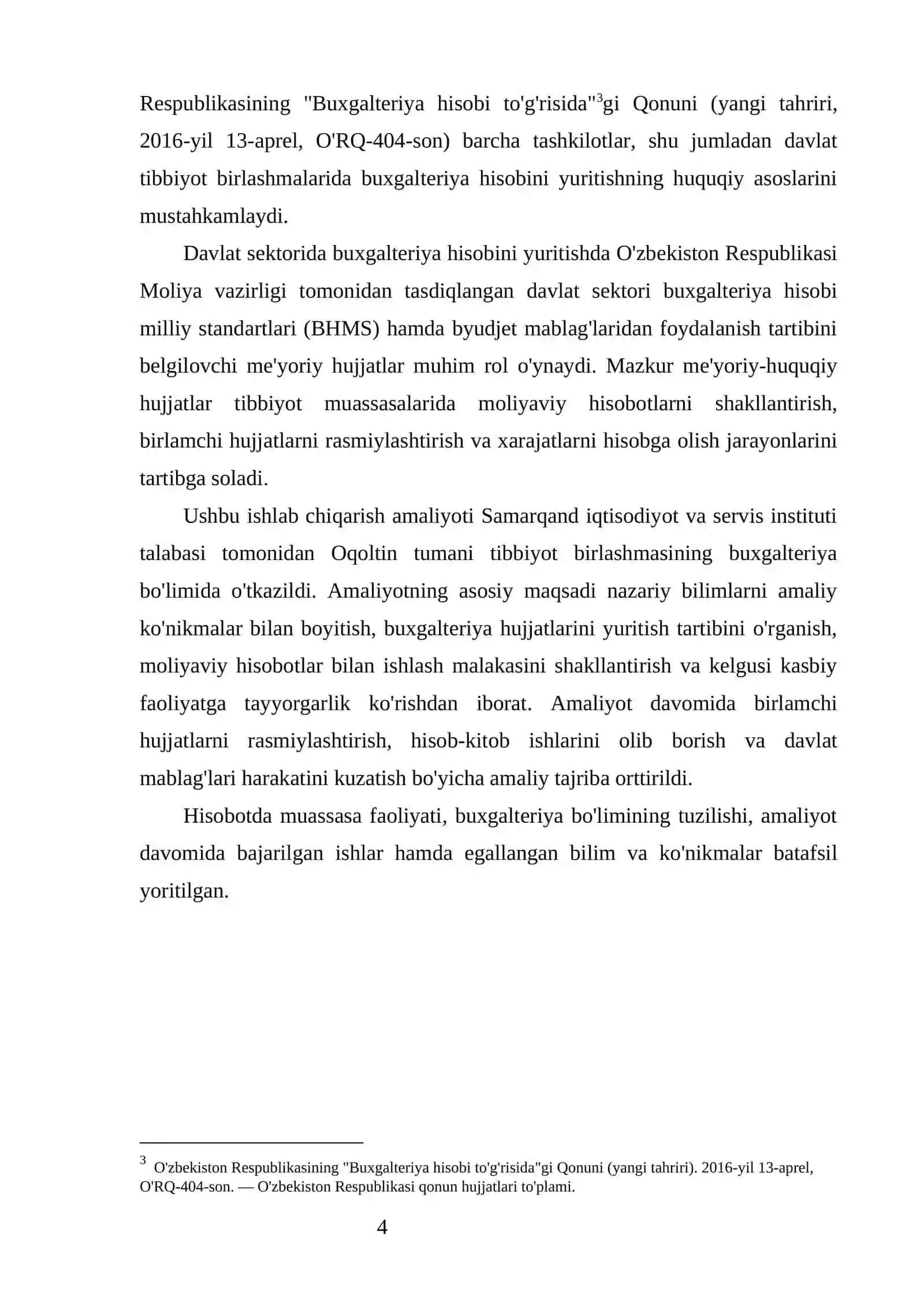 TIBIYOT BIRLASHMASI  amaliyot hisoboti 4