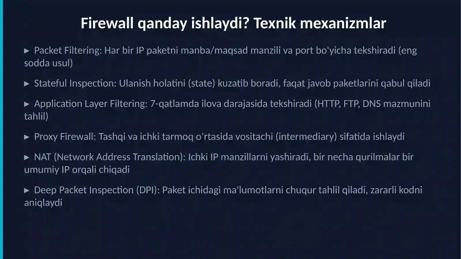 TARMOQLARARO EKRAN (FIREWALL) O'rnatish,sozlash va boshqarish 4
