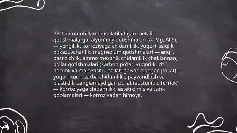 BYD avtomobillarida ishlatiladigan metall va polimer materiallarning tahlili 4