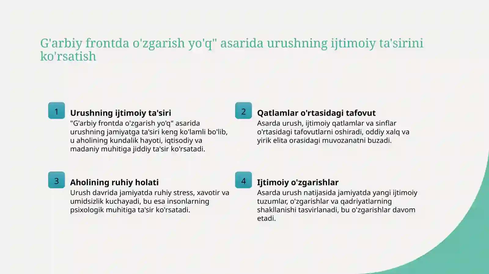 Nemis tanqidiy realizm adabiyoti. Remark ijodi G'arbiy frontda o'zgarish yo'q 4