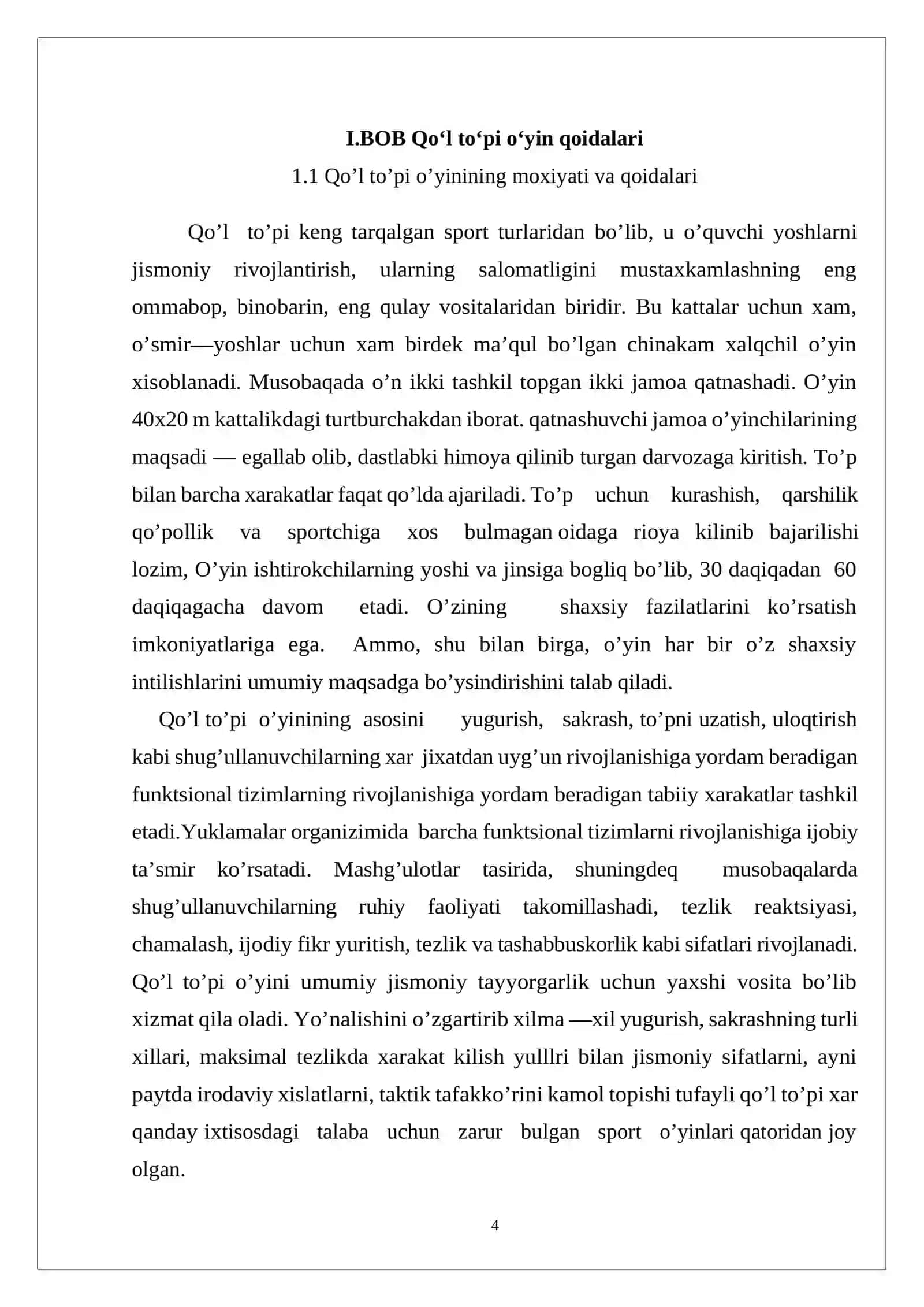 Qo'l  to'pi o'yin qoidalari kurs ishi 4