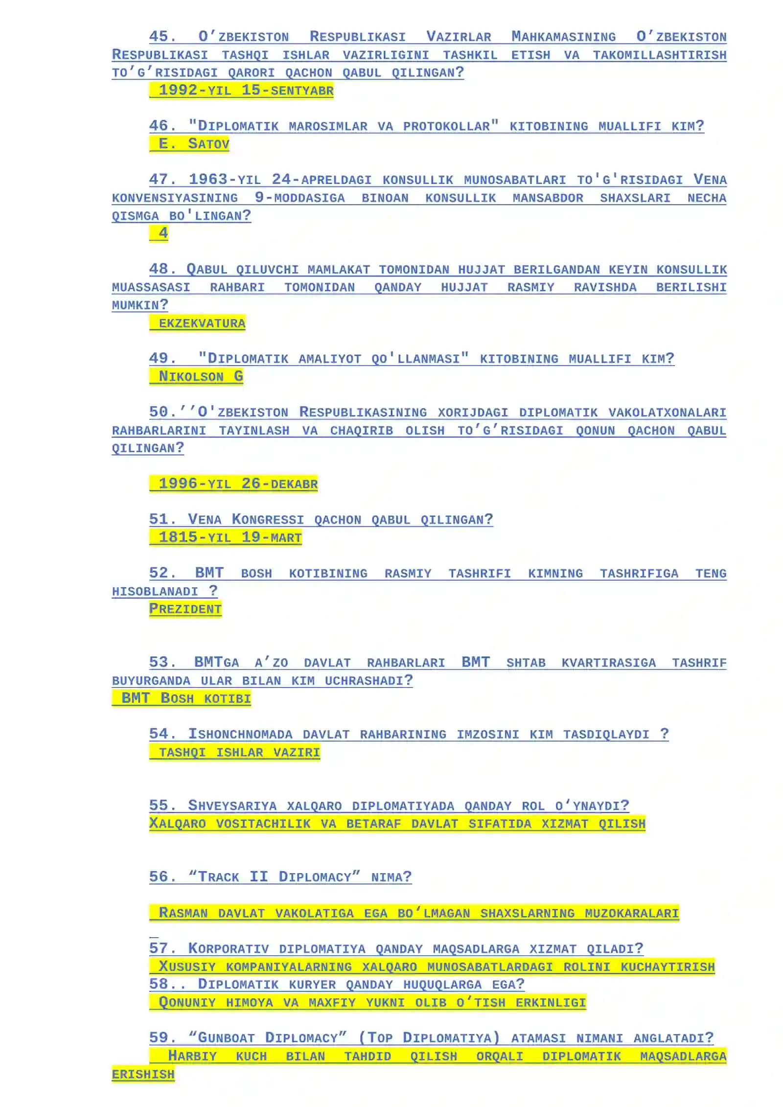 Diplomatik savol va javoblar test 4