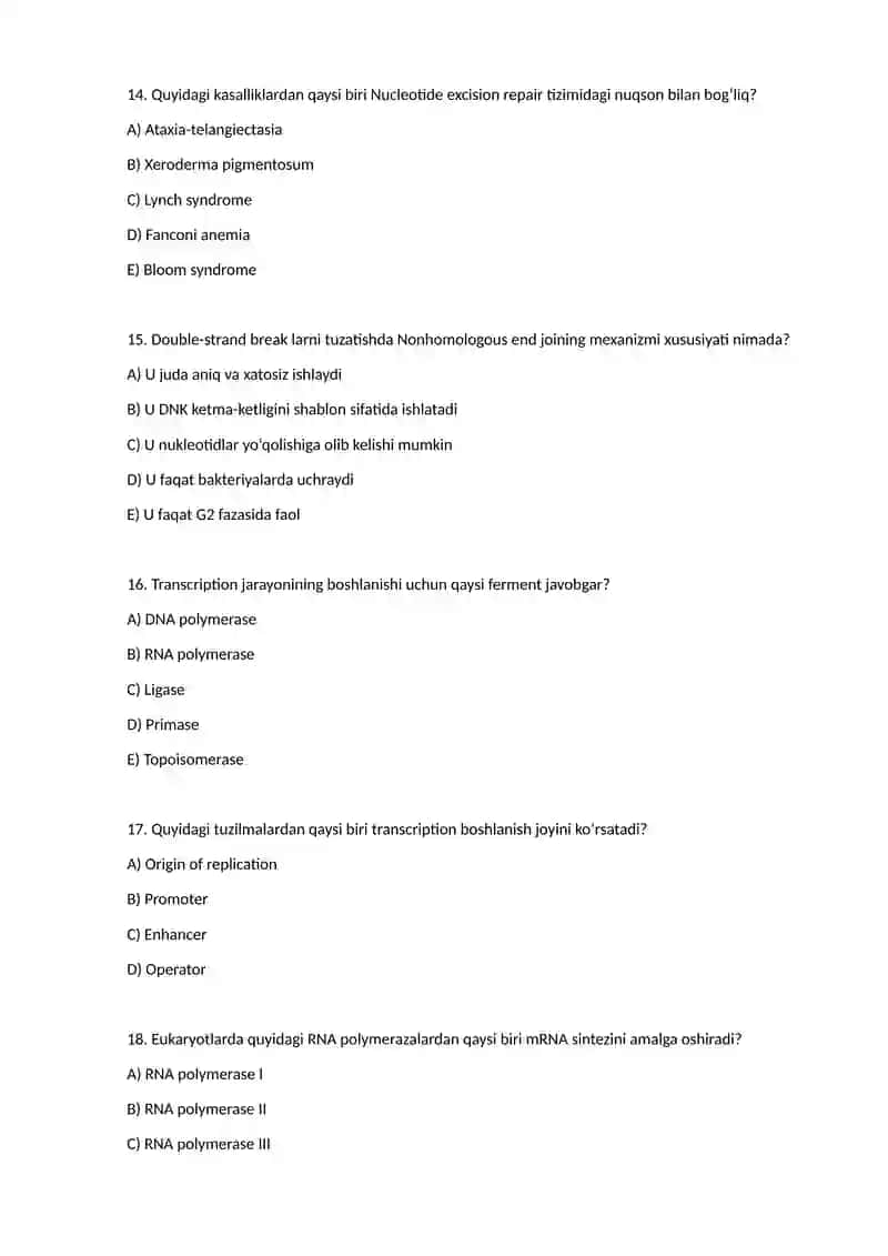 Test Hujayra biologiyasi (Cell Biology). 4