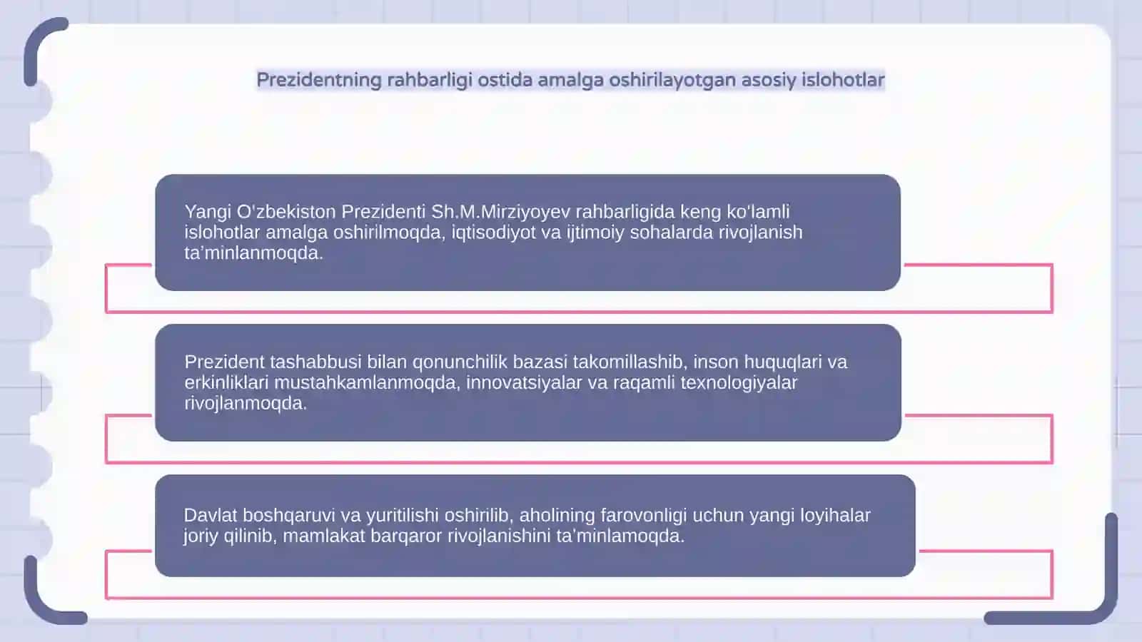 Yangi Oʻzbekiston Prezidenti Sh.M.Mirziyoyev rahbarligi va islohotlari 4