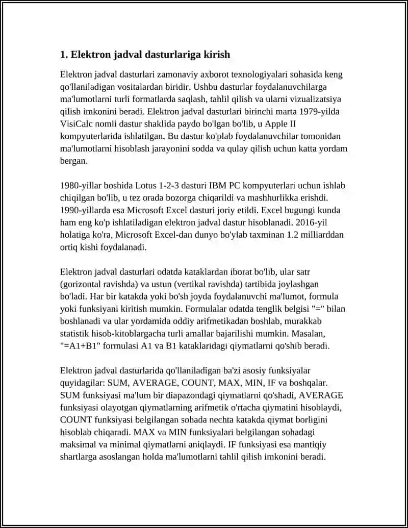 "MUTAXASSISLIKKA OID MASALALARNI ELEKTRON JADVALDA ECHISHDA FUNKSIYA, FORMULALARDAN FOYDALANISH. FILTRLAR BILAN ISHLASH. YAKUNIY NATIJALAR OLISH VA HISOBOT SHAKLIDA TAYYORLASH" 4