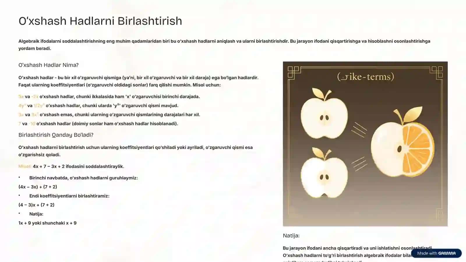 Algebraik Ifodalarni Soddalashtirish: Matematikani Osonlashtirish Sanʼati 4