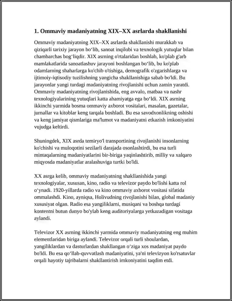 OMMAVIY MADANIYATNING SHAKLLANISH TARIXI VA UNING TURLARI: AKSILMADANIYAT, SUBMADANIYAT, POPULYAR MADANIYAT, EKRAN MADANIYATI 4