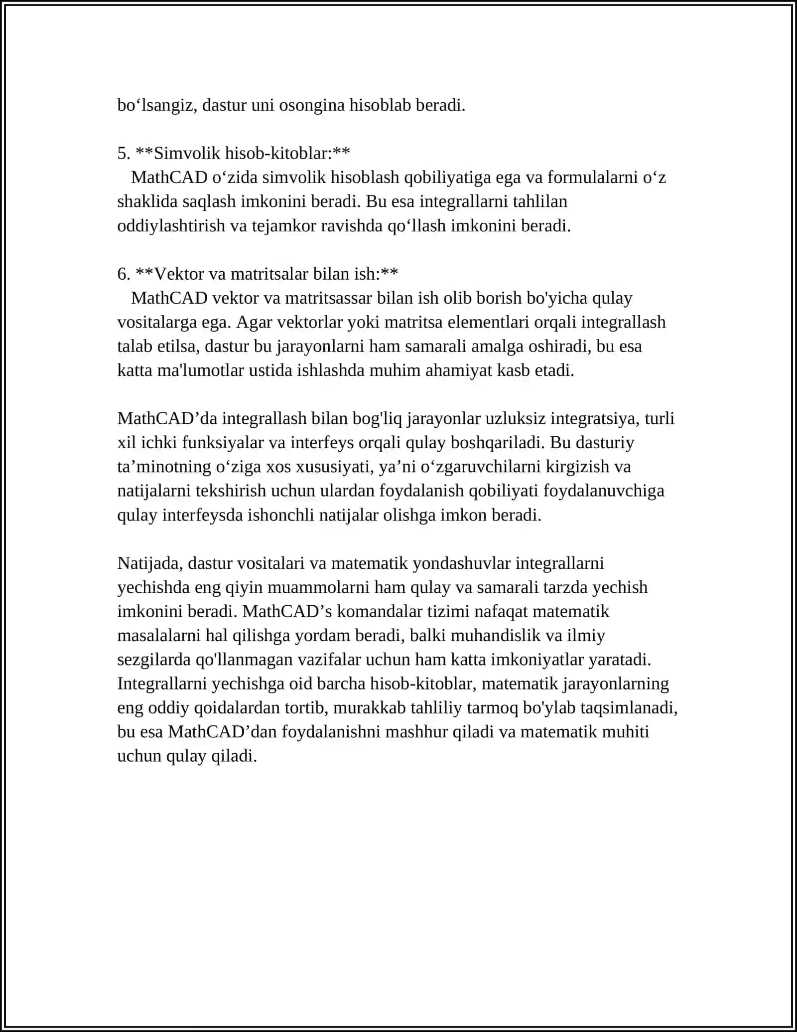 MathCAD INTEGRALLASHGAN SOHASIDA MUHANDISLIK MASALALARINI YECHISH 4