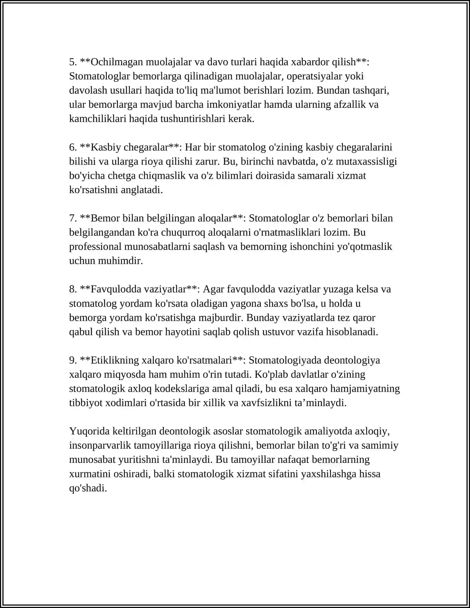 STOMATOLOGIYADA DEONTOLOGIYA VA TIBBIY ETIKA.XALQARO TIBBIY ETIKA KODEKSI.TIBBIYOT XODIMLARI VA BEMORLAR O'RTASIDAGI O'ZARO MUNOSABATLARNING XUSUSIYATLARI 4