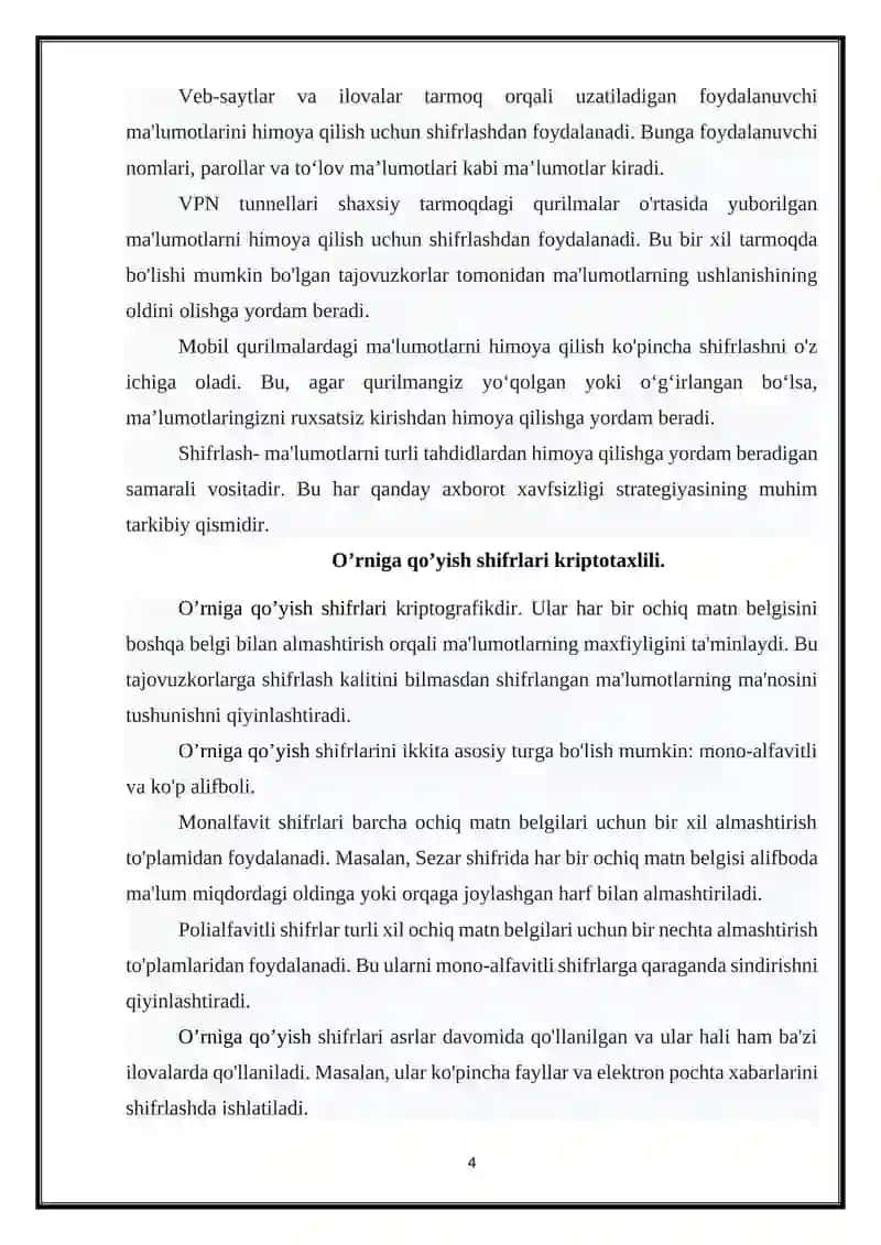 O’rniga qo’yish shifrlari kriptotaxlili 4