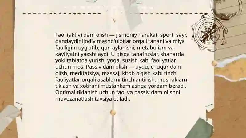 Dam olish vaqti tushunchasi va turlari 4